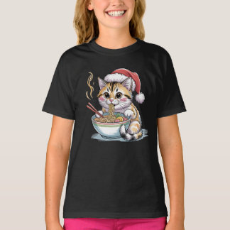 Santa Cat Eating Ramen Cute Christmas Kitty T-Shirt