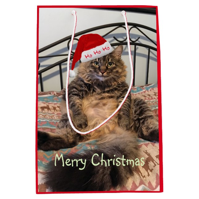 Santa Cat Ho Ho Ho Medium Geschenktasche Mittlere Geschenktüte (Vorderseite)