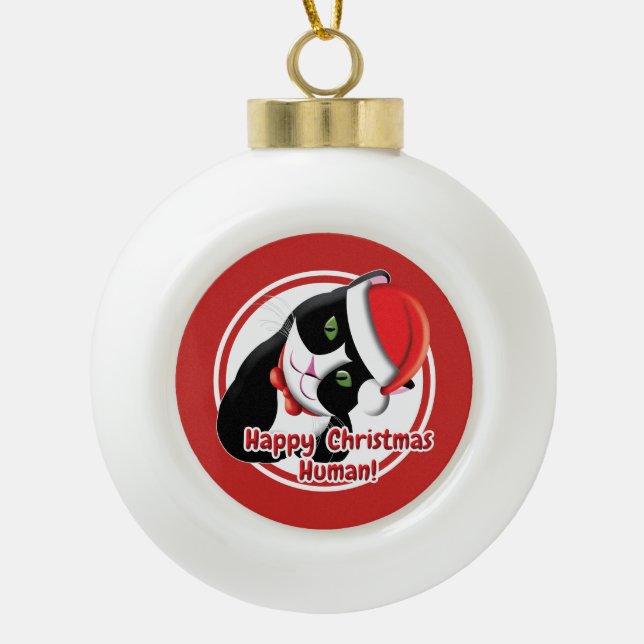 Santa Cat Keramik Kugel-Ornament (Vorderseite)