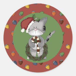 Santa Cat mit Candy Cane und Wreath Runder Aufkleber