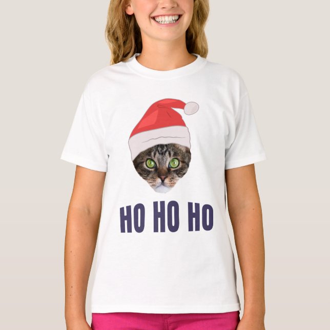Santa Cat mit Weihnachtsmannmütze, Ho Ho ho Einlad T-Shirt (Vorderseite)