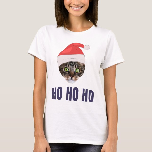 Santa Cat mit Weihnachtsmannmütze, Ho Ho ho Einlad T-Shirt (Vorderseite)