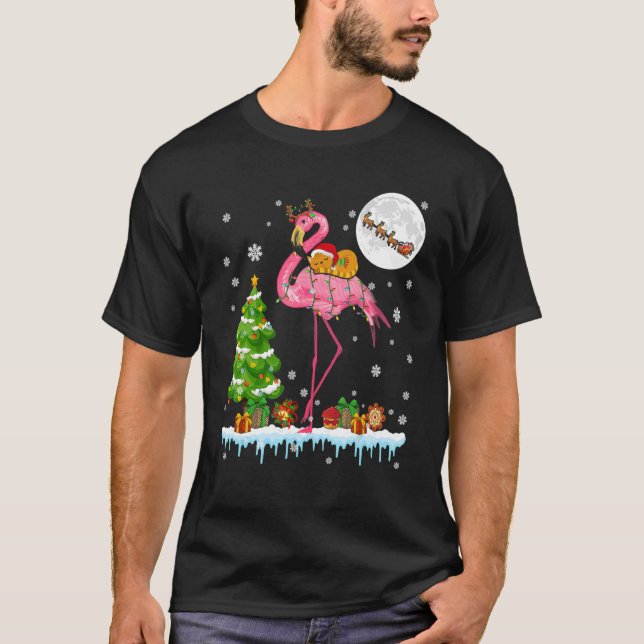 Santa Cat Ridding Rentier Flamingo Weihnachtsbaum T-Shirt (Vorderseite)
