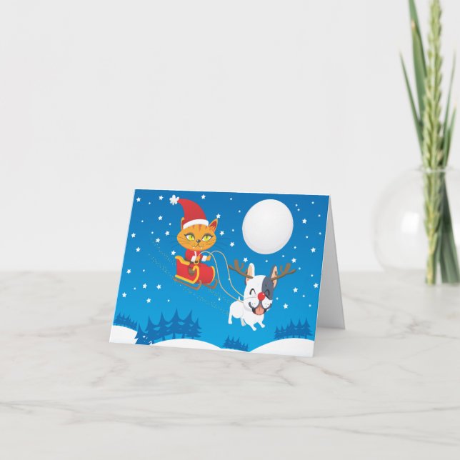 Santa Cat Sleigh Feiertagskarte (Vorderseite)