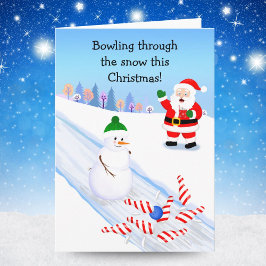 Santa Cheering Snowman Bowling Karte