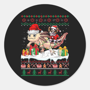 Santa Chihuahua Riding Axolotl Christmas Sweater L Runder Aufkleber
