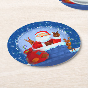 Santa Chimney Rentier Sack Add Year Blau Runder Pappuntersetzer