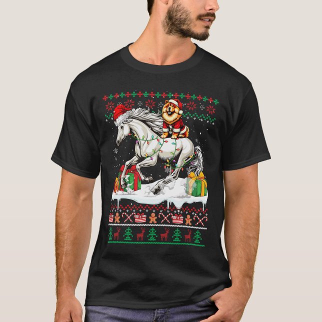 Santa Chow Chow Reiten Weihnachten T-Shirt (Vorderseite)