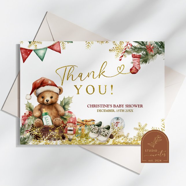 Santa Christmas Bear Baby Shower Thank You Card Dankeskarte (Von Creator hochgeladen)