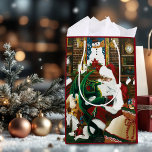 Santa Christmas Dragon Fantasy Mittlere Geschenktüte<br><div class="desc">Santa mit einem jungen grünen Drachen auf seinem Schoß. In der Höhle des Weihnachtsmannes gibt es eine Tüte Spielzeug,  Gänseleber,  weiße Einhorn und zwei Katzen in Bücherregalen. Hinter dem Hotel befindet sich ein Kamin,  Bücherregale mit Büchern und Wandteppichen eines Schneemanns</div>