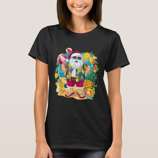 Santa Christmas In July On Beach Hawaiian Summer V T-Shirt (Vorderseite)