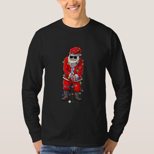 Santa Christmas Lights Playing Golf  T-Shirt (Vorderseite)