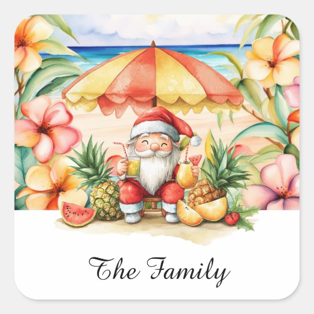 SANTA CLAUS am Hawaii Beach zu Weihnachten Quadratischer Aufkleber (Vorderseite)