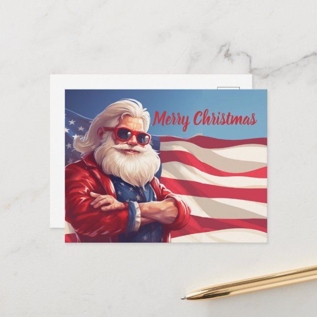 Santa Claus American Flag Postkarte (Vorderseite/Rückseite Beispiel)