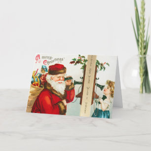 Santa Claus an Schnurtelefonen hört einem Kind zu Feiertagskarte