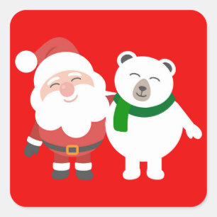 Santa Claus and Polar Bear Cartoon Quadratischer Aufkleber