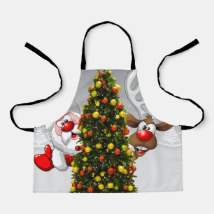 Santa claus and reindeer behind a christmas tree.j schürze