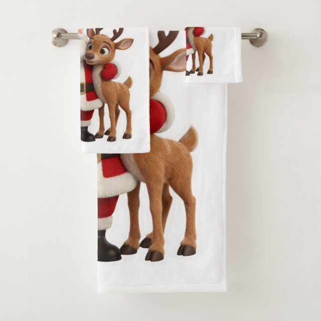 Santa Claus and Rudolph Cartoon Badhandtuch Set (Insitu)