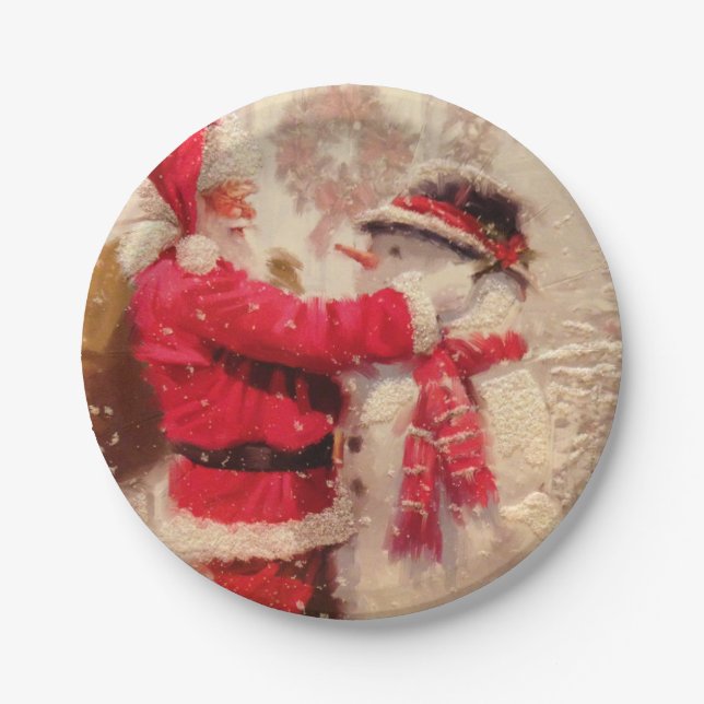 Santa claus and snowman in snowfall pappteller (Vorderseite)