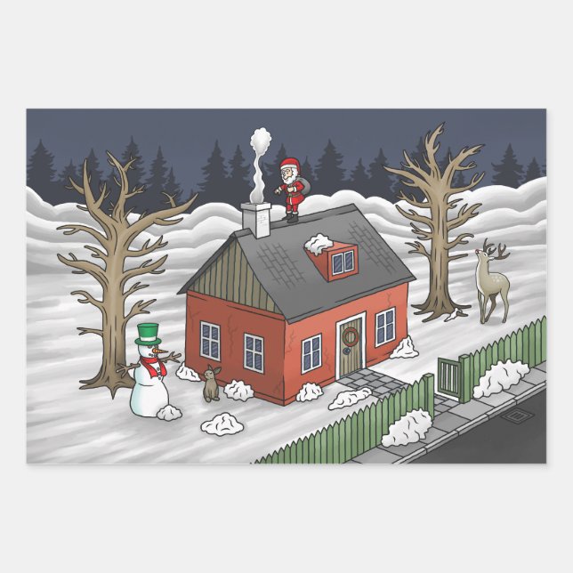 Santa Claus and the little red house  Geschenkpapier Set (Vorderseite)