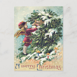 Santa Claus Angel Cherub Mistletoe Feiertagspostkarte