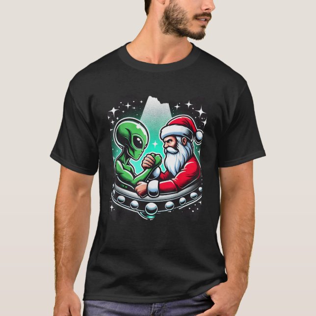 Santa Claus Arm Wrestling Alien UFO Weihnachten T-Shirt (Vorderseite)