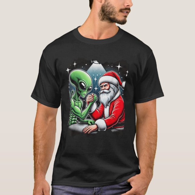 Santa Claus Arm Wrestling Alien UFO Weihnachten T-Shirt (Vorderseite)