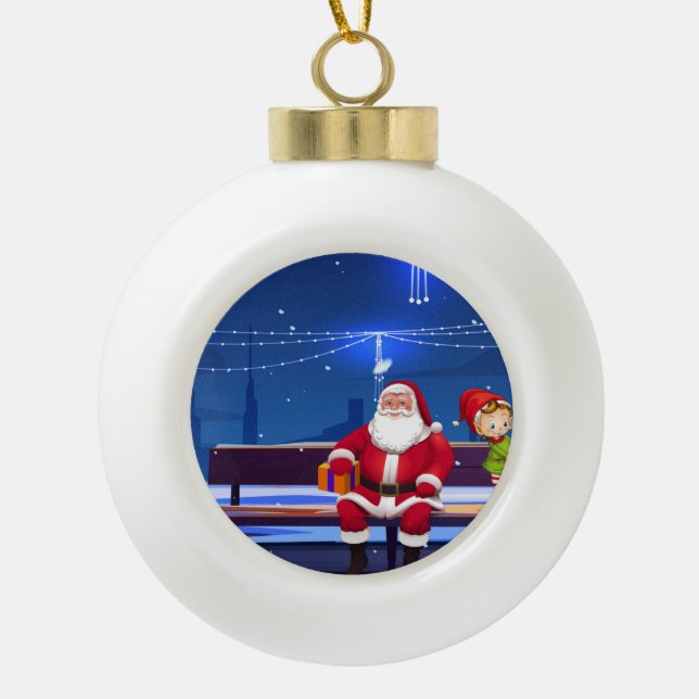 Santa Claus auf der Parkbank Keramik Kugel-Ornament (Vorderseite)