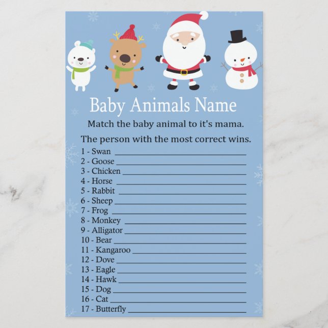 Santa Claus Baby Animals Name Spiel Babydusche (Vorderseite)