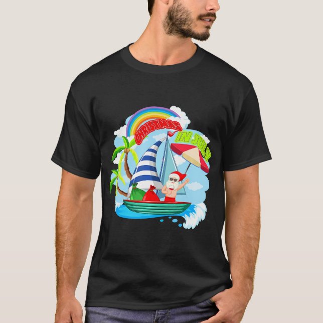 Santa Claus Beach Boat Sommer Weihnachten im Juli T-Shirt (Vorderseite)
