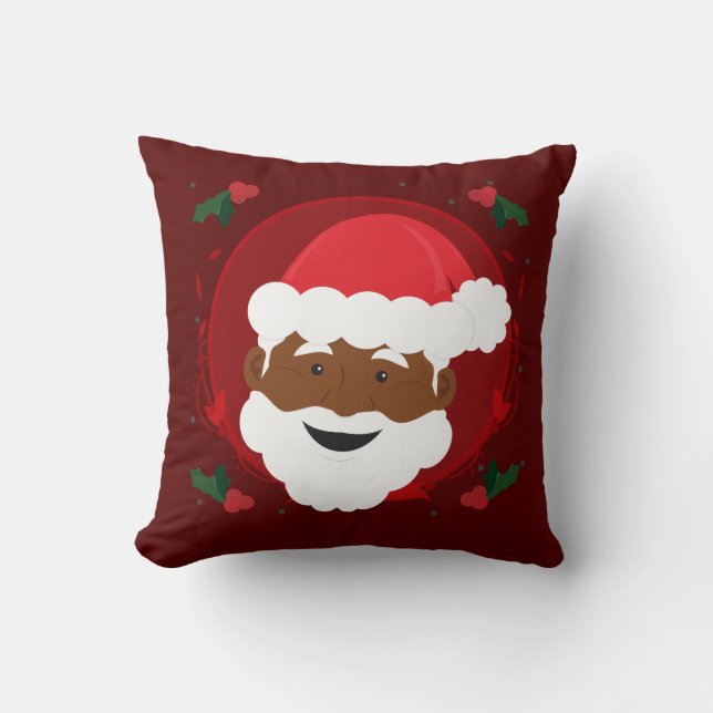 Santa Claus Brown Skin Red Holly Weihnachten Kissen (Vorderseite)