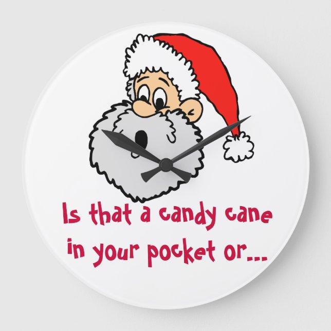 Santa Claus Candy Cane Pocket Joke Große Wanduhr (Vorderseite)