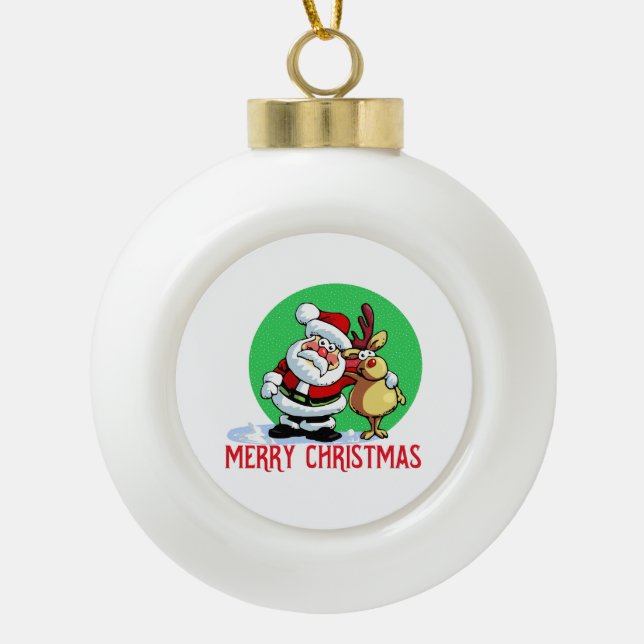 Santa Claus Cartoon mit Rentieren Keramik Kugel-Ornament (Vorderseite)
