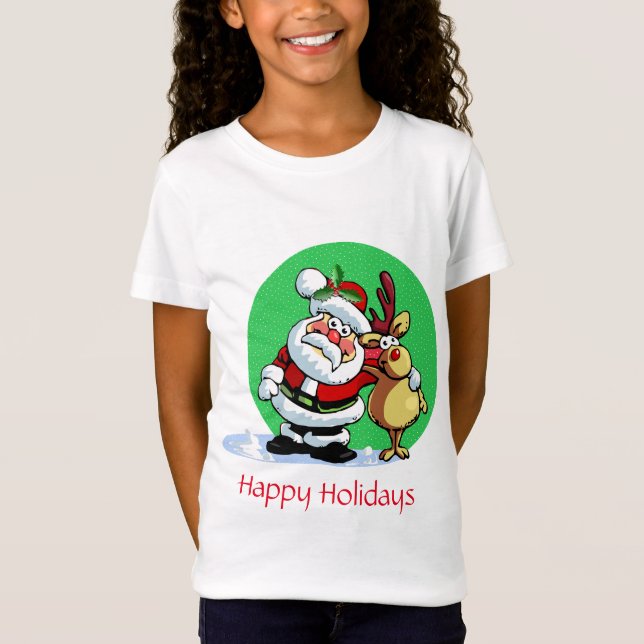 Santa Claus Cartoon mit Rentieren T-Shirt (Vorderseite)