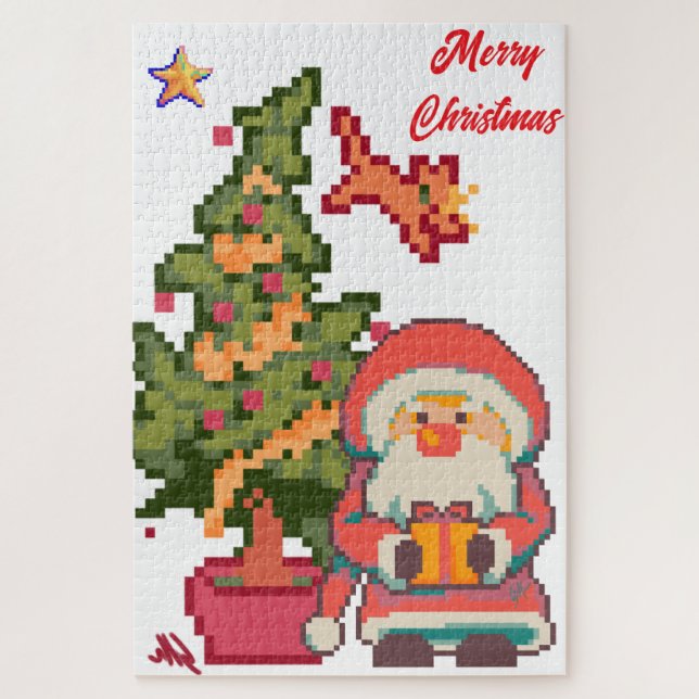 Santa Claus, cat stealing star, Pixel Art Puzzle (Vertikal)