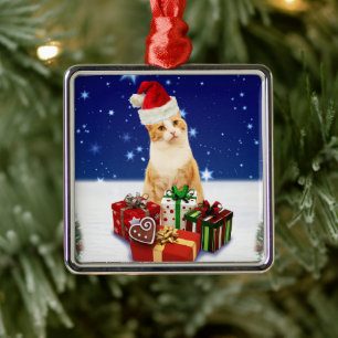 Santa Claus Cat with Christmas Gift Ornament Aus Metall