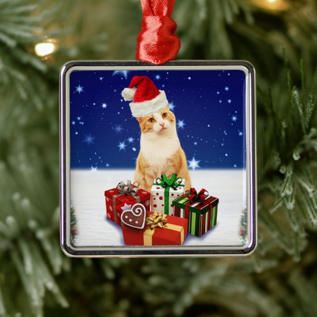 Santa Claus Cat with Christmas Gift Ornament Aus Metall (Baum)