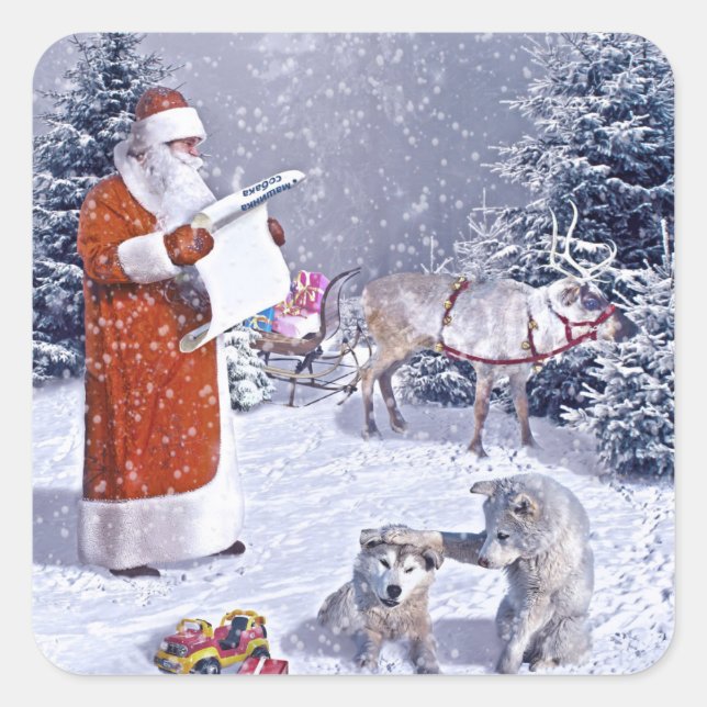 Santa Claus checking the gift list Quadratischer Aufkleber (Vorderseite)