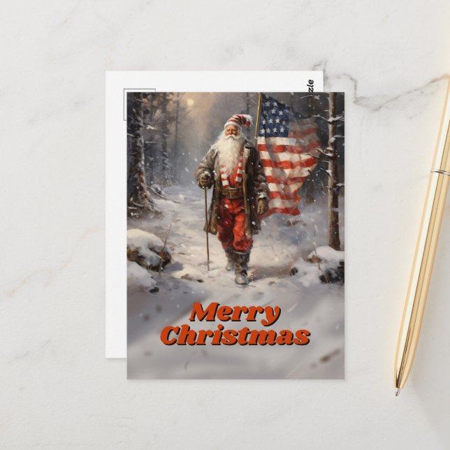 Santa Claus Christmas American Flag Postkarte (Vorderseite/Rückseite Beispiel)