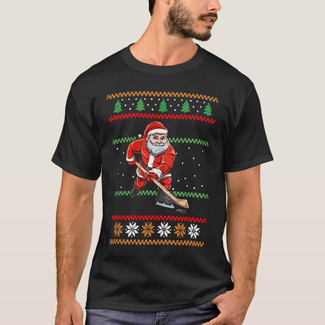 Santa Claus Christmas Ice Hockey Ugly Sweater T-Shirt (Vorderseite)