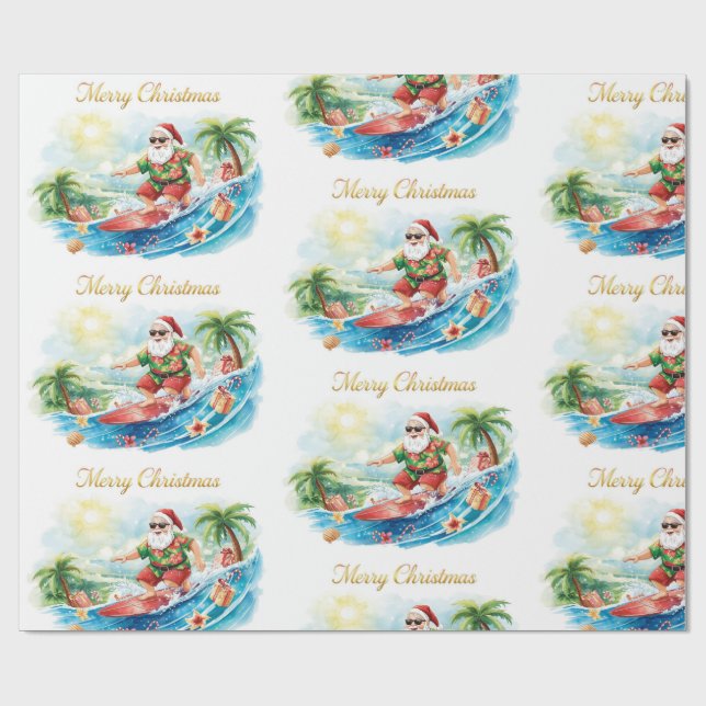 Santa Claus Christmas in July at the beach surfer Geschenkpapier (Flach)