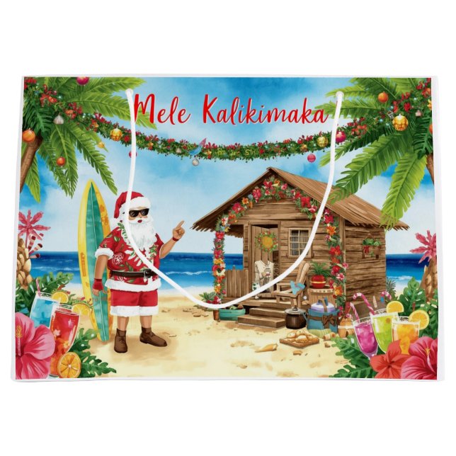 Santa Claus Christmas in July at the beach surfer Große Geschenktüte (Vorderseite)