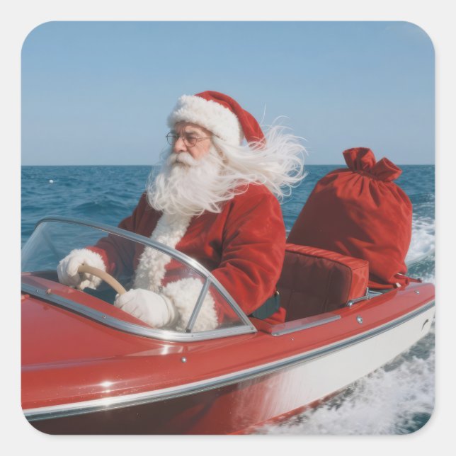 Santa Claus Delivering Gifts By Speedboat Quadratischer Aufkleber (Vorderseite)