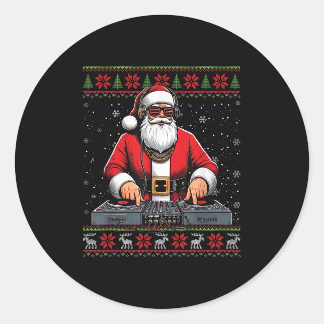 Santa Claus Dj Mixer Music Ugly Christmas Sweater  Runder Aufkleber (Vorderseite)