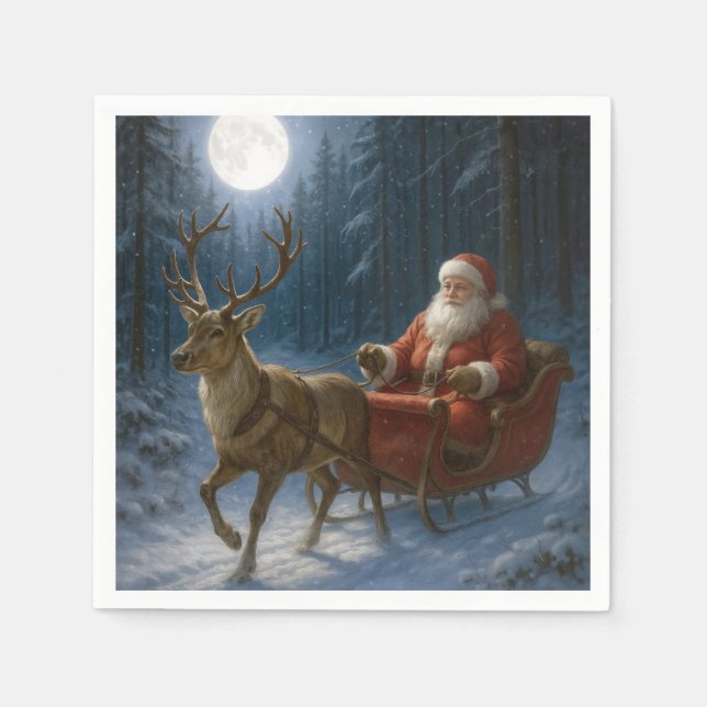 Santa Claus Driving a Sleigh In Moonlight Serviette (Vorderseite)