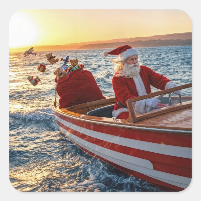 Santa Claus Driving a Speedboat Quadratischer Aufkleber (Vorderseite)