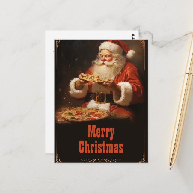 Santa Claus Eating Pizza Postkarte (Vorderseite/Rückseite Beispiel)