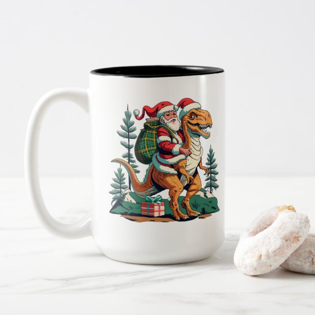 Santa Claus fährt einen Dinosaurier Zweifarbige Tasse (Mit Donut)