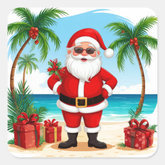 Santa Claus feiert Weihnachten tropischer Strand Quadratischer Aufkleber
