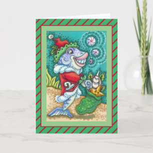 SANTA CLAUS FISH TALES, STARFISH, BAG of SAASHELLS Feiertagskarte